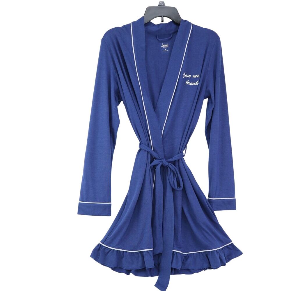 Womens Jenni Embroidered "Give Me A Break" Jersey Knit Robe Navy Blue Size Small